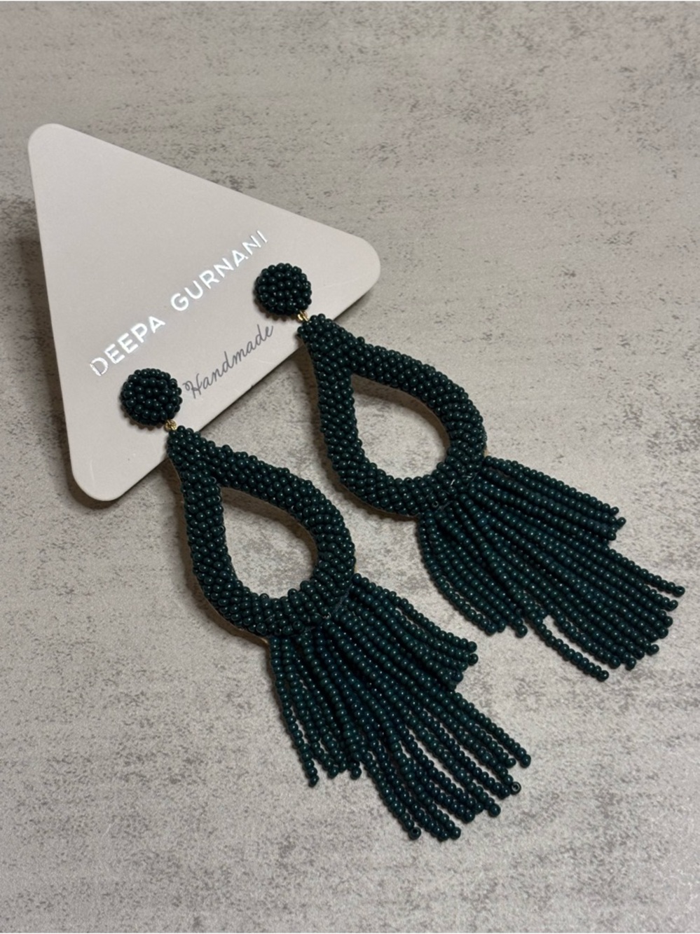 Deepa Gurnani Beaded Teardrop Tassel Statement Earrings in Dark Green